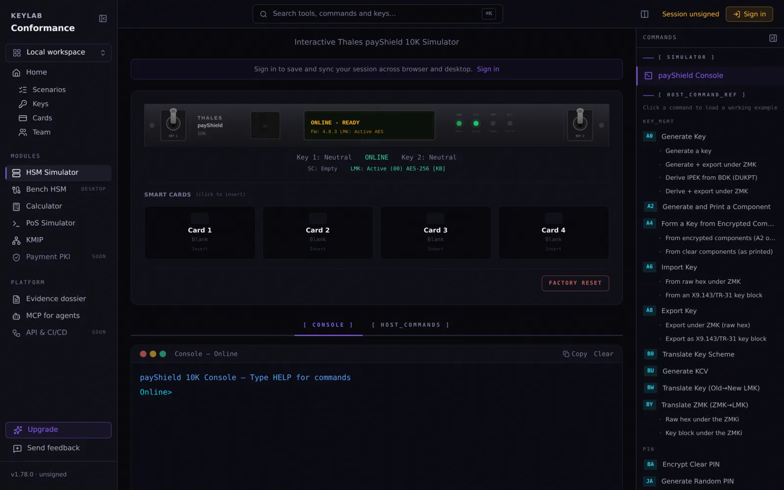 The payShield simulator: LMK loaded, console online, host command reference